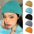 thumbnail image 1 of Dengjunhu Knitted Hat Hip Hop Ripped Flanging Metal Ring Solid Color Keep Warm Woolen Yarn Autumn Winter Women Beanie Cap for Outdoor, 1 of 7