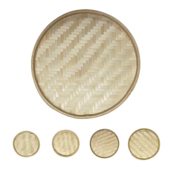 Dengjunhu Natural Handmade Woven Bamboo Basket Tray Holder Bulk Food Flat Shallow Basket Size 13cm/18cm/22cm/26cm/30cm Bulk All Size Available for Customizing