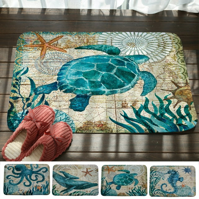 Dengjunhu Ocean Theme Bath Mat Blue Turtle Octopus Seahorse Non Slip