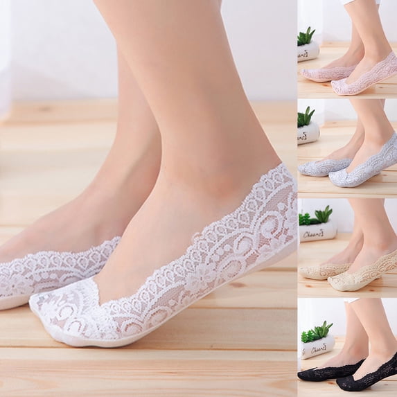 Dengjunhu Solid Color Fashion Women Lace Low Cut Anti-slip No Show Invisible Boat Sock