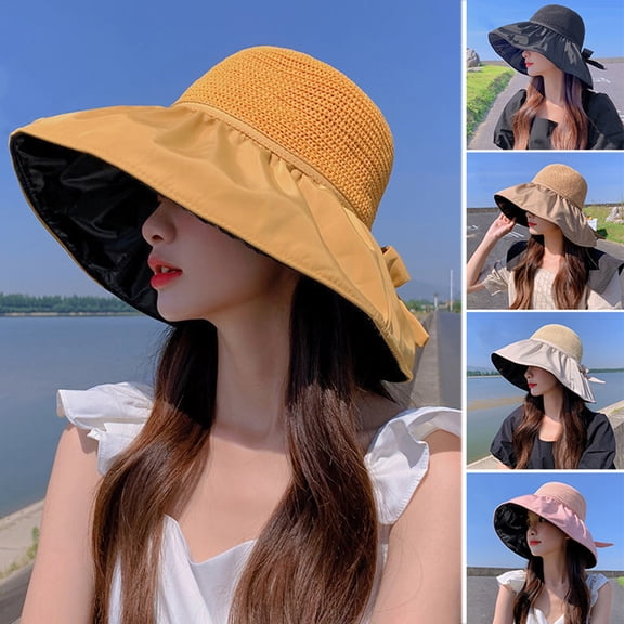Dengjunhu Sun Hat Large Brim Foldable Hollow Breathable Floppy UV Bow Tie Decor Women Sunscreen Summer Hat Beach Cap for Outdoor
