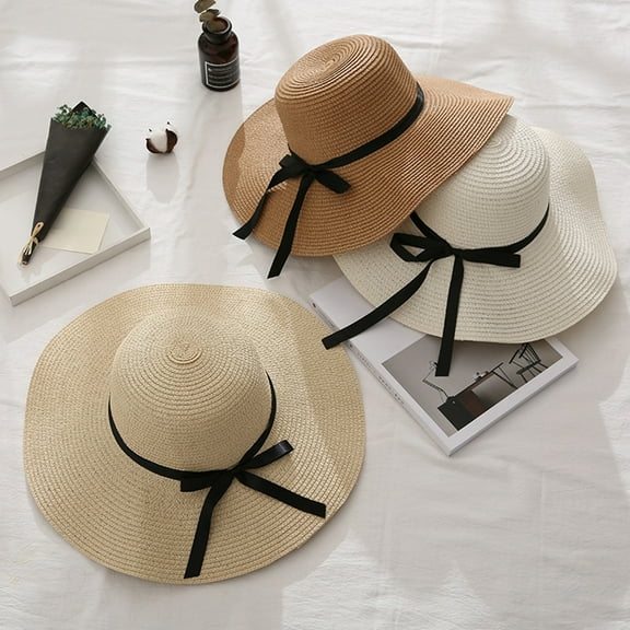 Dengjunhu Sun Hats Floppy Foldable Bowknot Large Wide Brim Straw Women's Hats Summer Beach Cap UV Protection