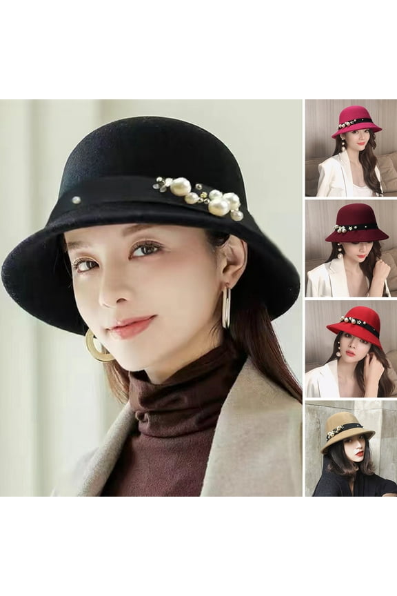 Top Hat British Style Faux Pearl Decor Down Brim Sunshading Round Top Decorate Retro Vintage Women Cloche Hat for Church