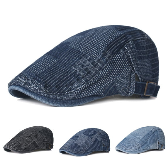 Dengjunhu Unisex Beret Adjustable Solid Color Vintage Sun Protection Denim Short Brim Hat for Outdoor