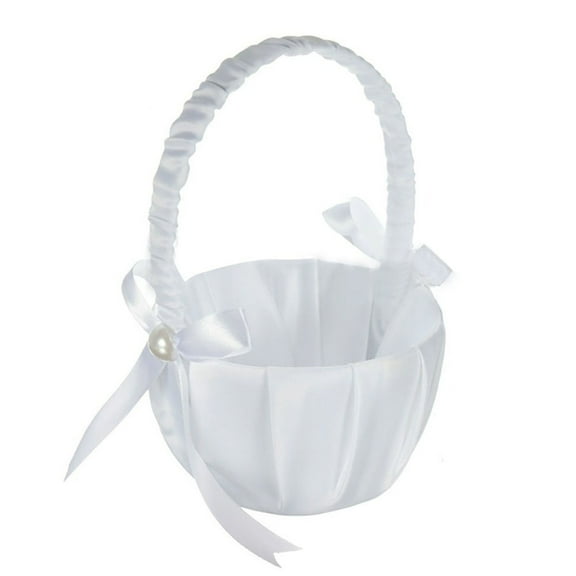 Dengjunhu Wedding Flower Girl Baskets, Satin Bowknot Flower Baskets Pearl Collection - White