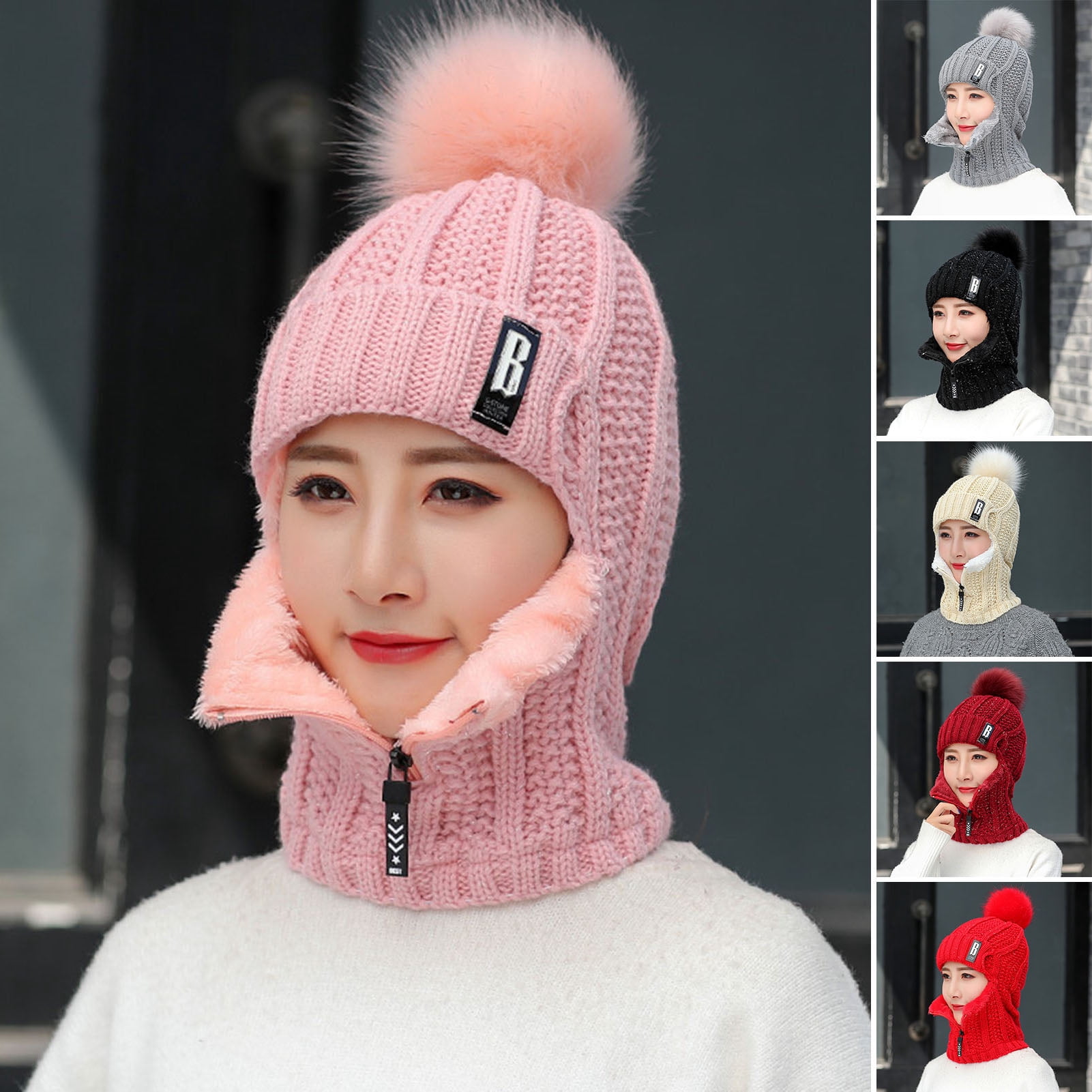 Dengjunhu Women Winter Beanie Hats One-Piece Fleece Lined Zipper Knit Mask Set Skull Neck Circle Scarf Ski Snow Hat Cap with Pompom