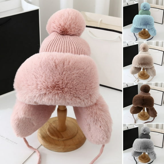 Dengjunhu Women Winter Cover Ears Plush Lining Beanie Hat Ear Flaps Ski Snow Hats Knit Fleece Lined Pom Pom Knitting Bomber Trapper Cap for Outdoor