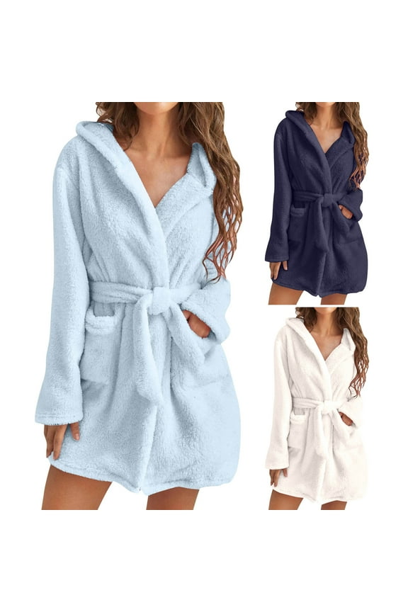 Women's Fleece Hooded Robe Soft Plush Bathrobe Loungewear