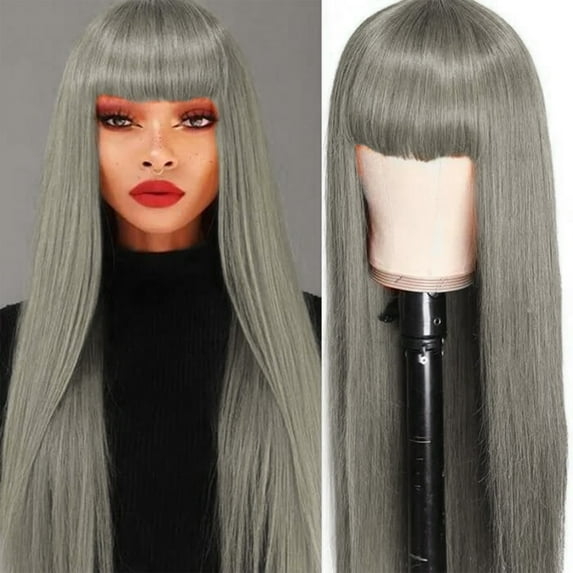 Dengmore 25.6 Inch Gray Long Straight Wig with Bangs Synthetic Hair Wigs for Women Natural Replacement Wigs Premium Soft Wig for Daily Cosplay Party Valentines Play Costume