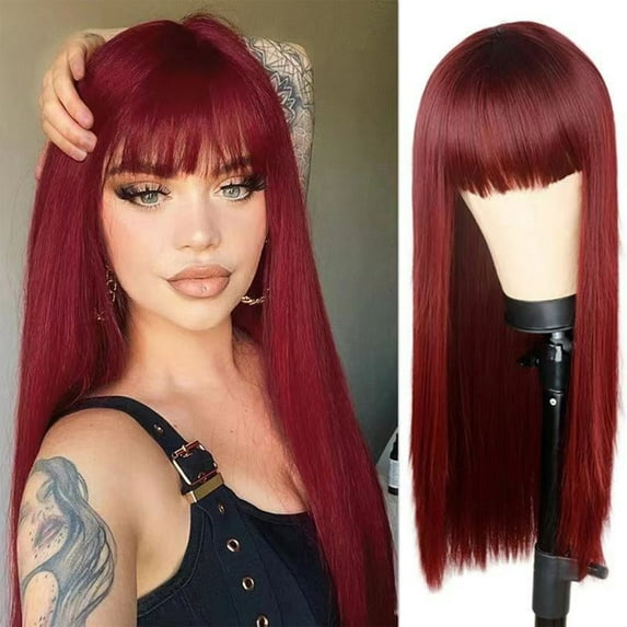 Dengmore 25.6 Inch Red Long Straight Wig with Bangs Synthetic Hair Wigs for Women Natural Replacement Wigs Premium Soft Wig for Daily Cosplay Party Valentines Play Costume