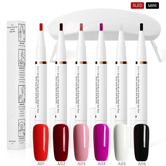 Dengmore 3-in-1 Nail Gel Pen Set with 6 High Pigment Colors All in One Base Color and Top Coat Formula Quick Drying for Travel and Home Manicure 5ml
