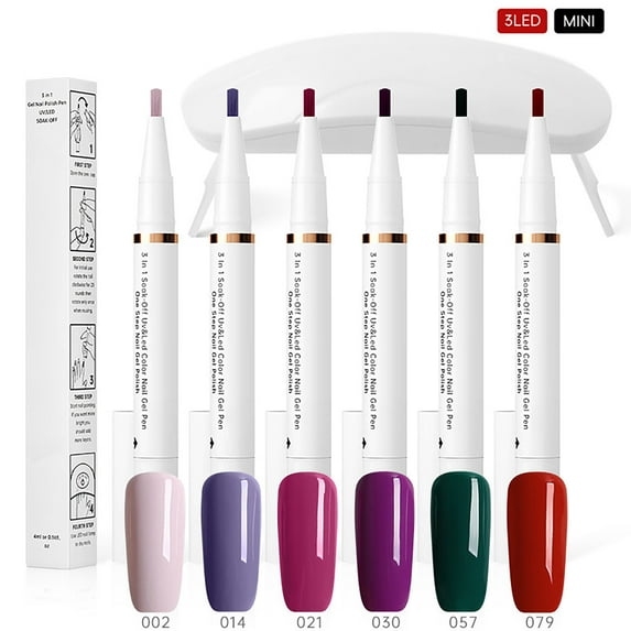 Dengmore 3-in-1 Nail Gel Pen Set with 6 High Pigment Colors All in One Base Color and Top Coat Formula Quick Drying for Travel and Home Manicure 5ml