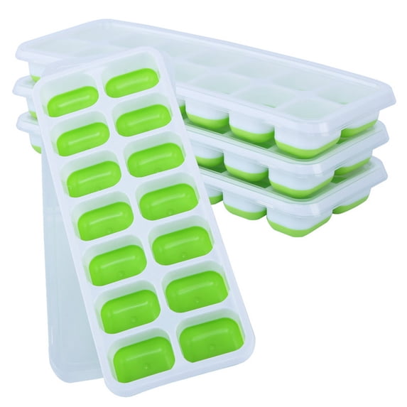 Dengmore 4Pc Covered Ice Tray Set With 14 Ice Cubes Molds Flexible Rubber Plastic Stackab for Home