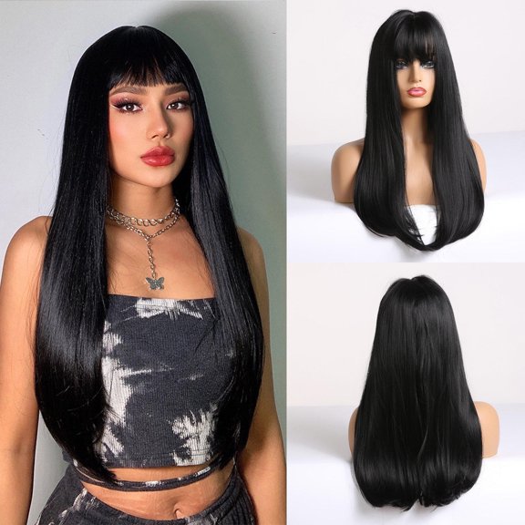 Dengmore Bangs Wig 24 Inch High Temperature Synthetic Hair Medium Long Straight Curly Texture Adjustable Rose Net for Everyday & Party Easy Care Wig
