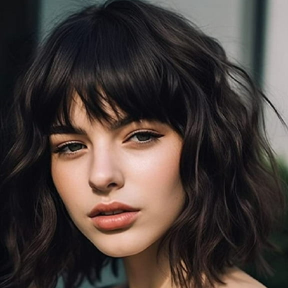 Dengmore Curly Bob Wig with Bangs Short Wavy Black Wigs for Women Wavy Wig with Air Bangs Shoulder Length Bob Synthetic Cosplay Wig (Black)