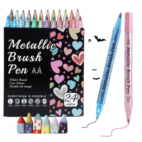 Dengmore Dual Tip Acrylic Paint Markers Set with Metallic Waterproof Colors Hard Fine Tip and Soft Brush for DIY Nail Art and Multi Surface Craft Painting 12ml