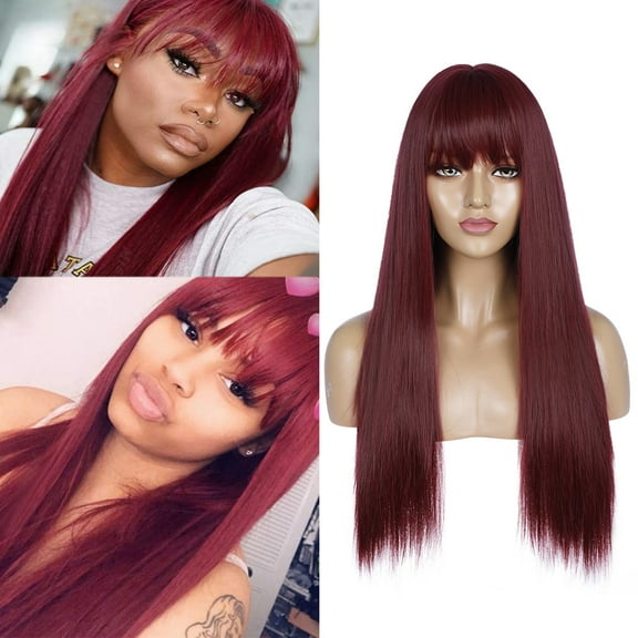 Dengmore Fashion Lady Long Straight Hair Wine Red Wig with Bangs Mechanism Rose Net Natural Looking Wigs for Daily Party