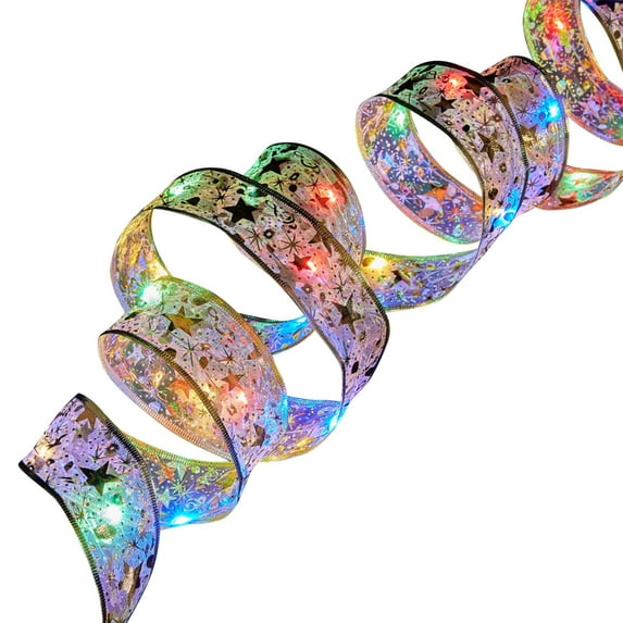 Dengmore Glowing Christmas Tree Ribbon Christmas Ribbons Light Strings Colorful Lights Christmas Tree Accessories Decorative Pendants Gold Stamping Double Layered Ribbons