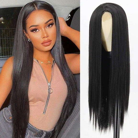 Dengmore Glueless Wigs Pre Cut 4x6 HD Straight Lace Human Hair Wigs Beginner Friendly Black 26 Inch Heat Friendly Synthetic Fiber with Adjustable Strap for Daily Wear