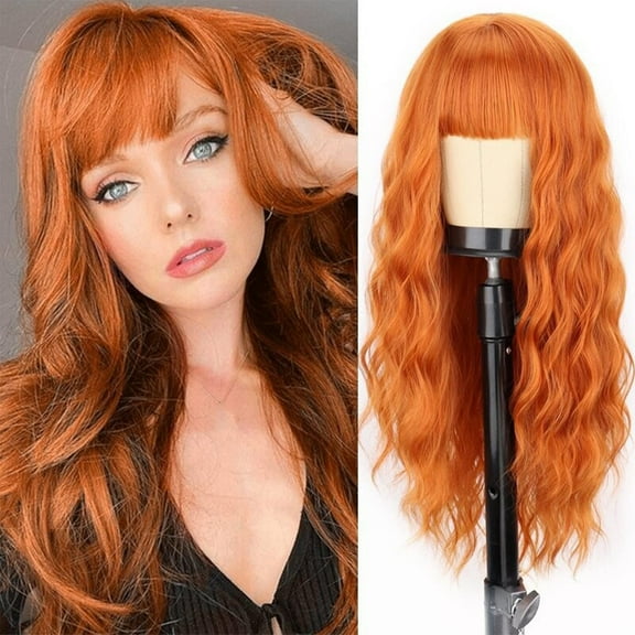Dengmore Long Curly Wig with Bangs Wavy Hair Wig for Women Synthetic Natural Wig Orange Colors for Daily Party Cosplay Premium Soft Wig Valentines Play Costume 25.6 Inch