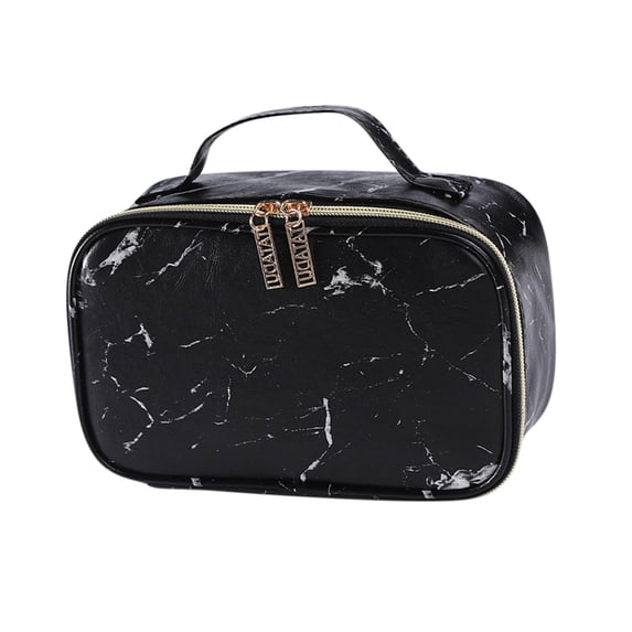 Dengmore Makeup Bag for Women Portable Cosmetic Bag Opens Flat Toiletry Bag with Handle PU Leather Travel Cosmetic Storage Bag Cosmetic Organizer