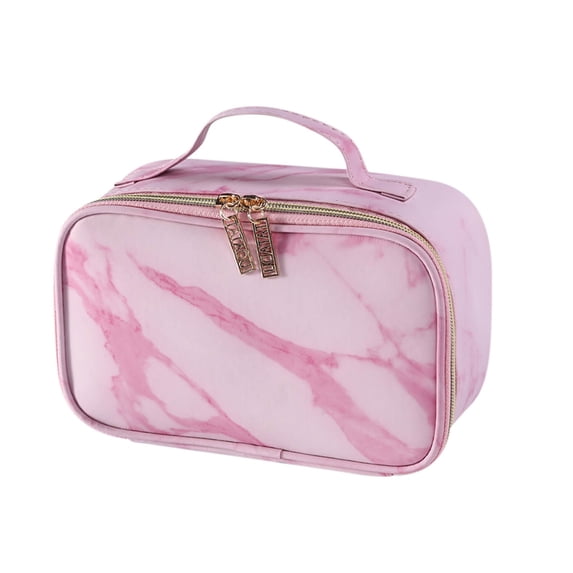 Dengmore Makeup Bag for Women Portable Cosmetic Bag Opens Flat Toiletry Bag with Handle PU Leather Travel Cosmetic Storage Bag Cosmetic Organizer