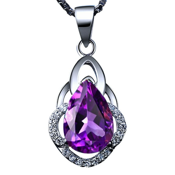 Dengmore Necklace Drop-shaped Amethyst Purple Pendant Silver Necklace Clavicle Chain Women
