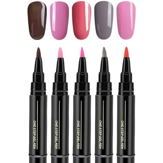 Dengmore Portable 3-in-1 Nail Gel Pen with 5 Vivid Colors All in One Base Color and Top Coat Formula Quick Drying for Easy Travel and Salon Quality Manicure 5ml