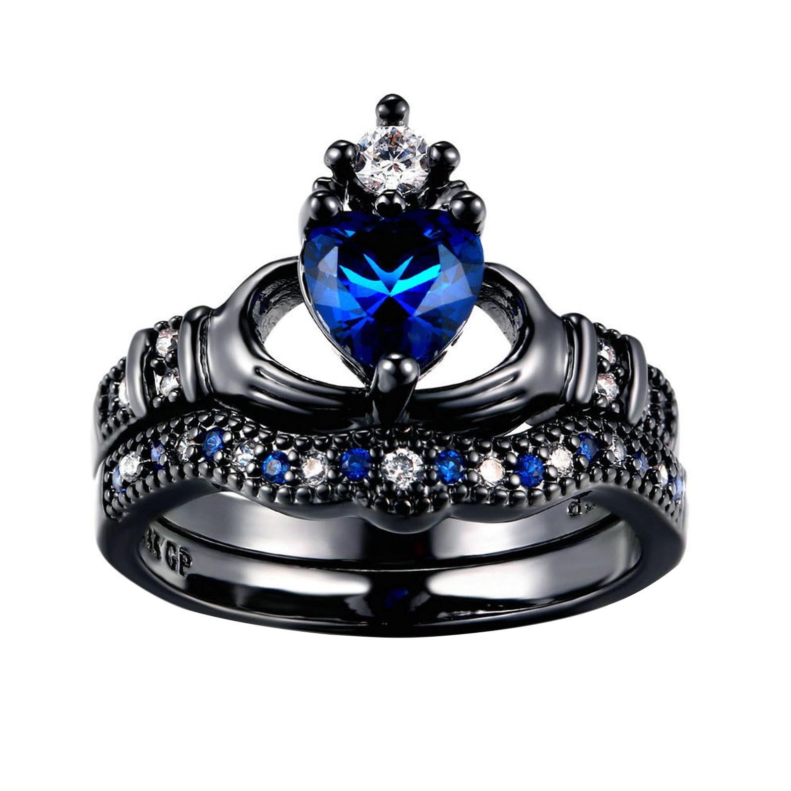 Ring with hands holding heart with crown outlet