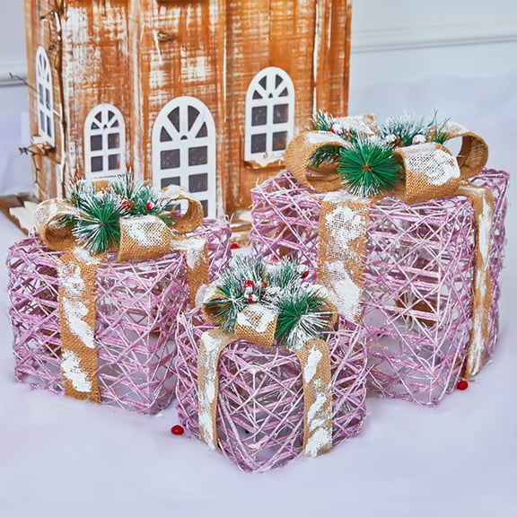 Dengmore Set Of 3 Christmas Lighted Gift Boxes With Linen Belt 80 LEDs Gift Boxes Christmas Tree Ornament For Outdoor Indoor Holiday Party