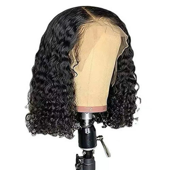 Dengmore Small Roll Front Lace Mesh Button Mesh Wrap Stick Soft, Human Hair Wig, Deep Wavy Lace Front Wig, Pre Combed HD Front Black Female Curly Wig, Wigs for Daily Party 16 Inch