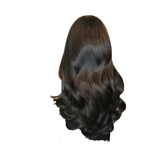 Dengmore Wig Women's Wavy Long Curly Hair with Natural Bangs In The Center Middle Part Black Wave Wigs Natural Looking Wigs for Daily Party 26.8 Inch