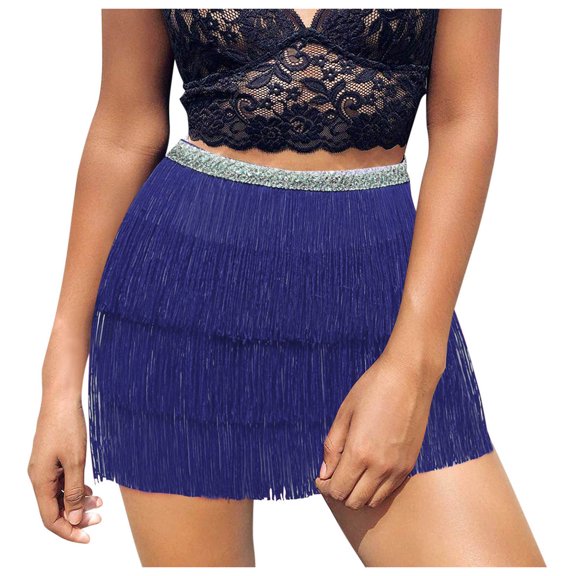 Dengmore Women Sequin Belly Tassel Wrap Skirt Club Mini Skirt Blue