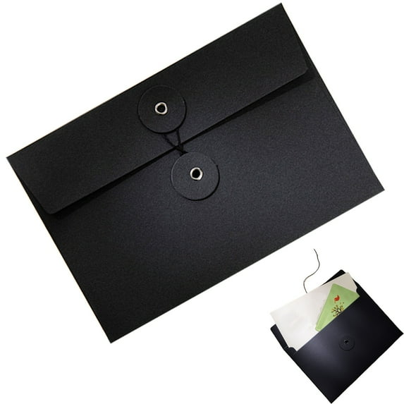 Denhf 1Pc Kraft Paper Envelopes File Folder, Vintage Envelope Pockets with Button and String Closure, Reusable Paper Envelopes for Postcard Bills Cards Storage, Office Supplies, 6.6" x 4.5", Black