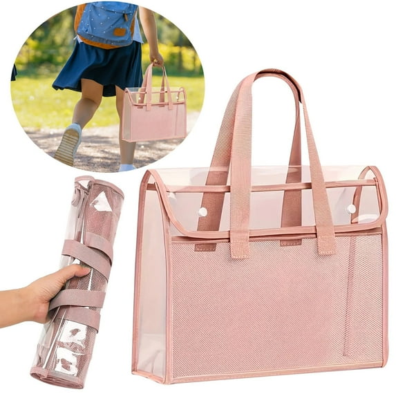 Denhf 1Pc Plastic Expanding File Folder, Transparent Envelopes with Snap Closure and Handle, Document Organizer for Receipts, Bills, and Taxes, Fits Letter Size and A4 Size, 13.2" x 10.2", Pink