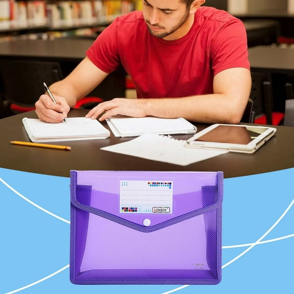 Denhf 1Pc Plastic Expanding File Folder, Transparent Envelopes with Snap Closure and Label, Large Capacity Accordion File Pouch for School Office Home Supplies, A4 Letter Size, 9.8" x 7.5", Purple