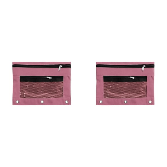 Denhf 2Pcs Pencil Pouch for 3 Ring Binder, 3 Hole Pencil Pouches with Double Pockets, Clear Mesh Window Zipper Pencil Pouch for Office Supplies, Classroom Must Haves, 9.8" x 7.3", Pink