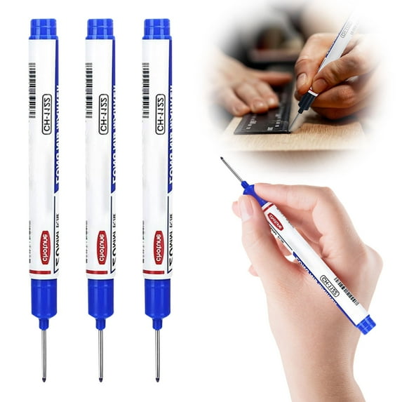 Denhf 3Pcs Long Head Deep Hole Marker Pens, 50mm Long Nib Marker, Multi-Purpose Quick Dry Waterproof Construction Markers for Carpenters Builders Construction, Metal Marker, Blue