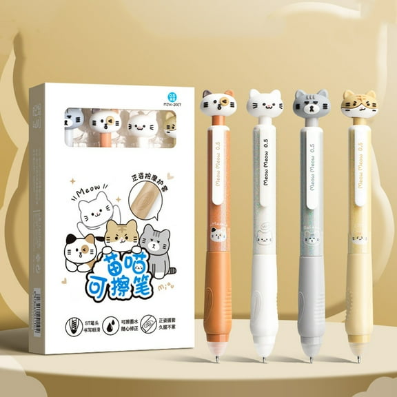 Denhf 4Pcs Cute Cat Erasable Gel Pens, 0.5mm Fine Point Retractable Blue Ink Pens with Eraser, Kawaii Quick Dry Smooth Writing Pens for Note Taking, Office Classroom Stationery Supplies, 4 Colors