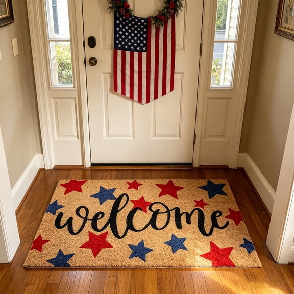 Denhf 4th of July Patriotic Coir Door Mat, 250th Anniversary Red Blue Star Welcome Mat, Non-Slip Independence Day Memorial Day Door Rugs for Indoor Entryway Outside Front Door Decor, 23.6" x 15.7"