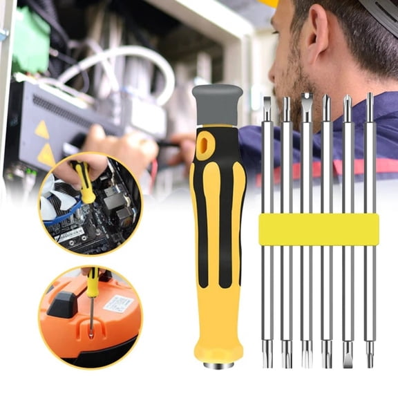 Denhf 6-in-1 Screwdriver Set, Portable Premium Screw Driver Set with Detachable Handle and 6 Double Ended Screwdriver Bits, 12 Sizes, 6.5", Yellow