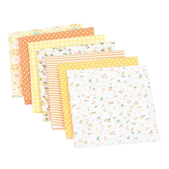 Denhf 7Pcs Cotton Craft Fabric Squares, Flower Striped Polka Dot DIY Patchwork Fabric, Multipurpose Fabric Bundles for Sewing, Quilting and Scrapbooking, Craft Fabric, 9.8" x 9.8", Orange