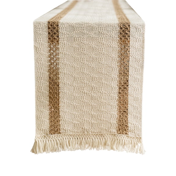 Denhf Burlap Table Runners, 30x180cm Lace Trim Farmhouse Tablecloth with Fringe, Rustic Vintage Romantic Fabric Cloth for Wedding Birthday Thanksgiving Party, Country Table Runner