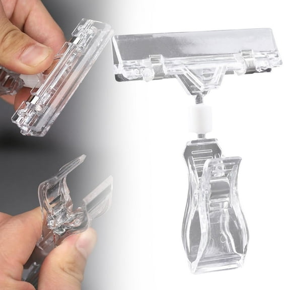 Denhf Clear Sign Clips Holders, Plastic Price Sign Clamps for Retail Display Label, Merchandising Rotatable Pop Clips for Retail Rack, Baskets or Cards, Tag Acrylic Clips