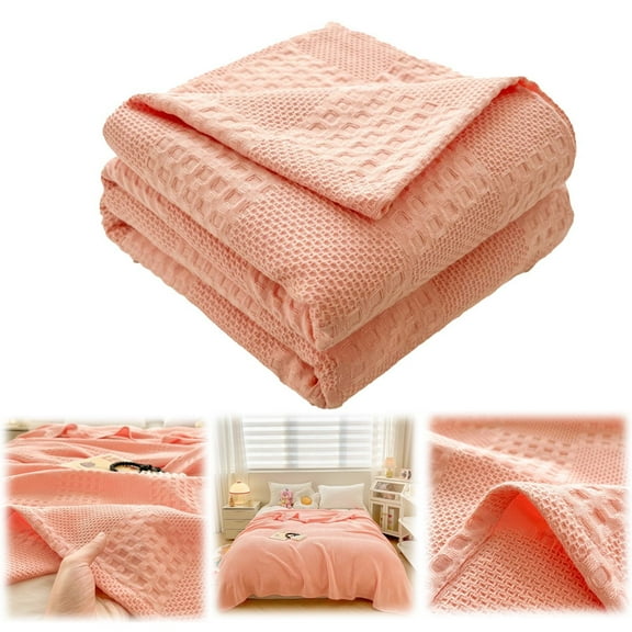 Denhf Cotton Waffle Weave Blanket Queen Size, Breathable Lightweight Summer Blanket, Soft Cozy Muslin Blankets for All Seasons, Warm Throw Blanket, Bed Blanket, 90.6" x 78.8", Pink