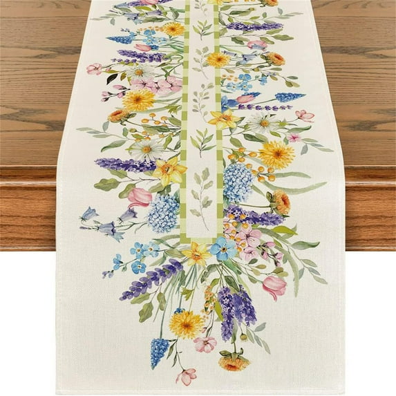Denhf Easter Table Runner, Colorful Bunny Rabbits Eggs Gnome Wild Flowers Truck Table Runners for Easter Spring Home Kitchen Dining Table Decor, Easter Party Decorations Favors Supplies, 108" x 13"