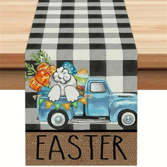 Denhf Easter Table Runner, Colorful Bunny Rabbits Eggs Gnome Wild Flowers Truck Table Runners for Easter Spring Home Kitchen Dining Table Decor, Easter Party Decorations Favors Supplies, 47" x 13"