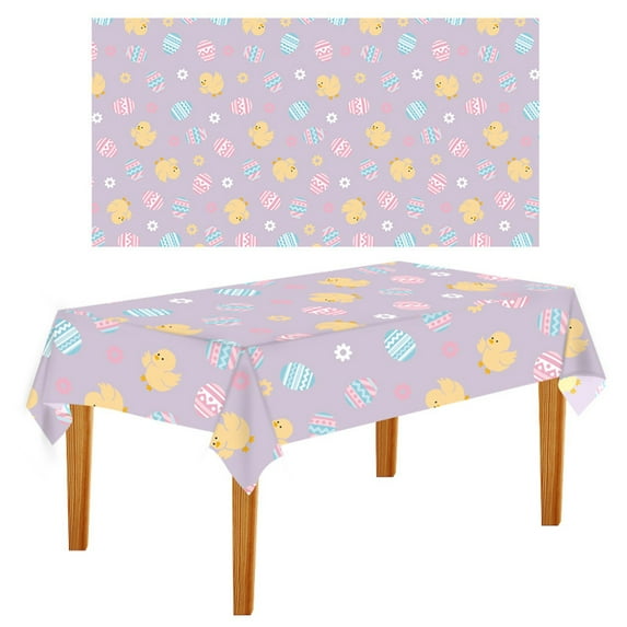 Denhf Easter Tablecloth, Colorful Bunny Eggs Chicken Flower Disposable Plastic Table Cloth, Rectangle Table Cover for Easter Spring Home Dining Table Decor, Easter Party Decorations, 108" x 54"
