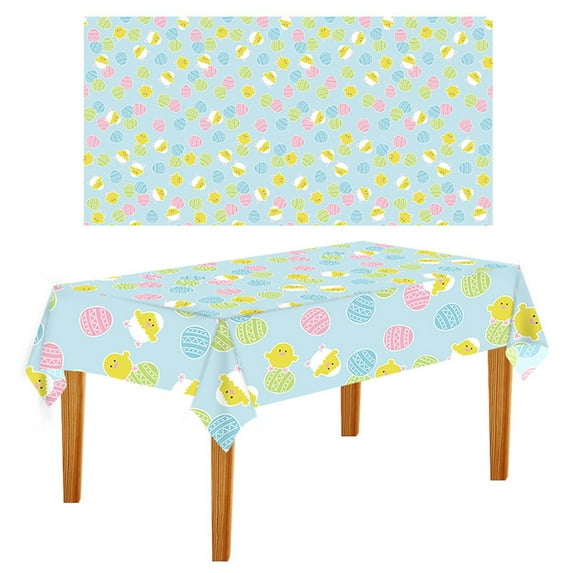 Denhf Easter Tablecloth, Colorful Bunny Eggs Chicken Flower Disposable Plastic Table Cloth, Rectangle Table Cover for Easter Spring Home Dining Table Decor, Easter Party Decorations, 108" x 54"