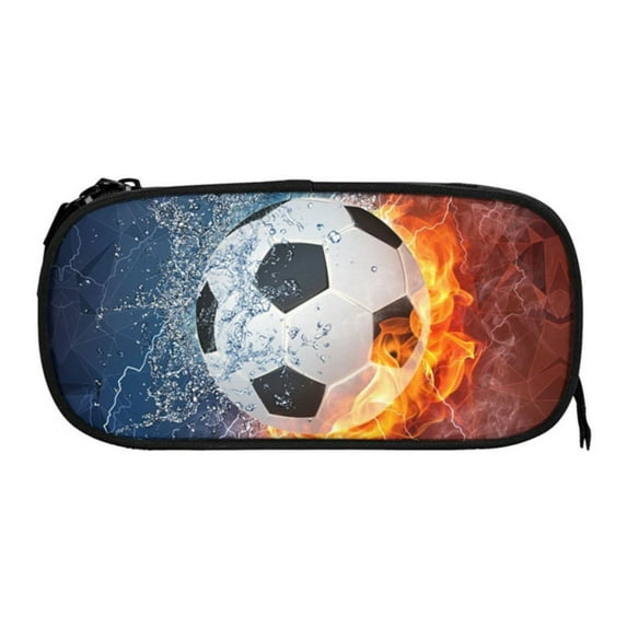 Denhf Football Pencil Case, Cool Sports Pencil Pouch with Water & Fire Background, Large Capacity Pencil Bag for Stationery and Cosmetics Storage, Portable Makeup Bag, Classroom Must Haves